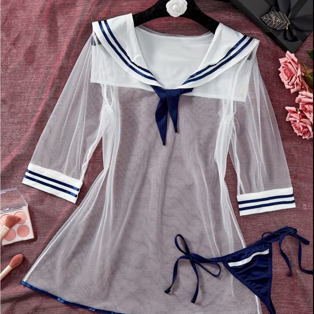 Navy Blue and White Sailor Mesh Lingerie Set